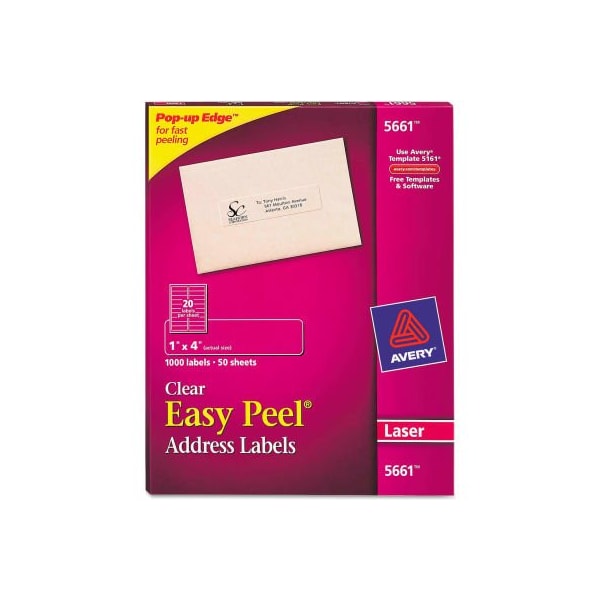 Avery Avery® Easy Peel Laser Mailing Labels, 1 x 4, Clear, 1000/Box